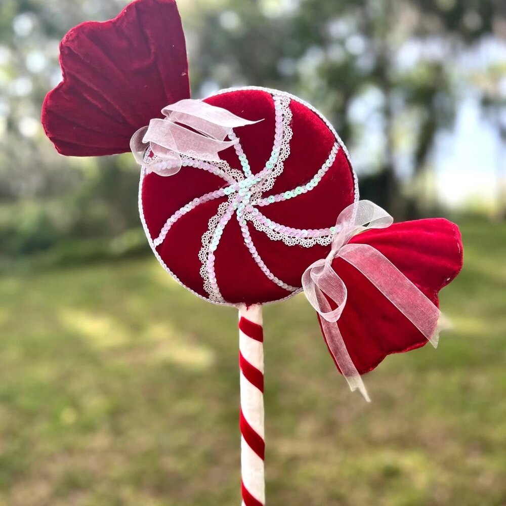 Red Lace Lollipop Pick Christmas Candy Cane Lane Holiday Decoration 21 Inches